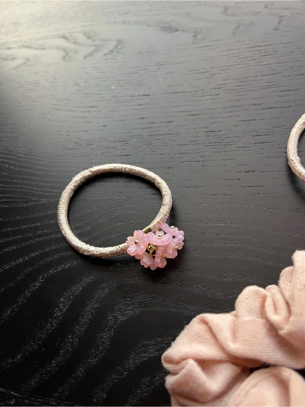 Pink Flower Elastic Hair Ties & Peach Scrunchie Set